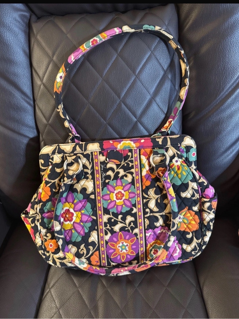 Vera Bradley Black Quilted Shoulder Bag with Multicolor Floral Pattern